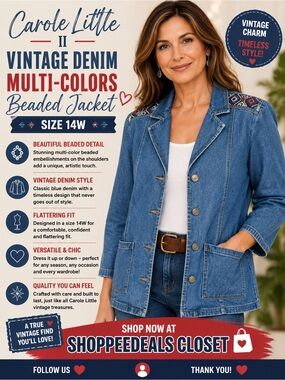 Carole Little II Vintage Blue Denim Multi-Colors Beaded Jacket Size 14W